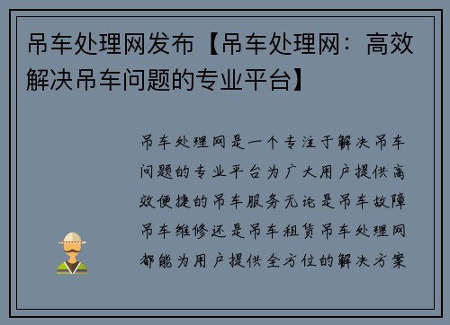 吊车处理网发布【吊车处理网:高效解决吊车问题的专业平台】