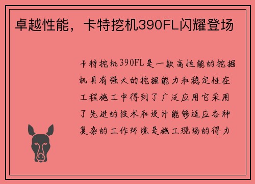 卓越性能,卡特挖机390FL闪耀登场